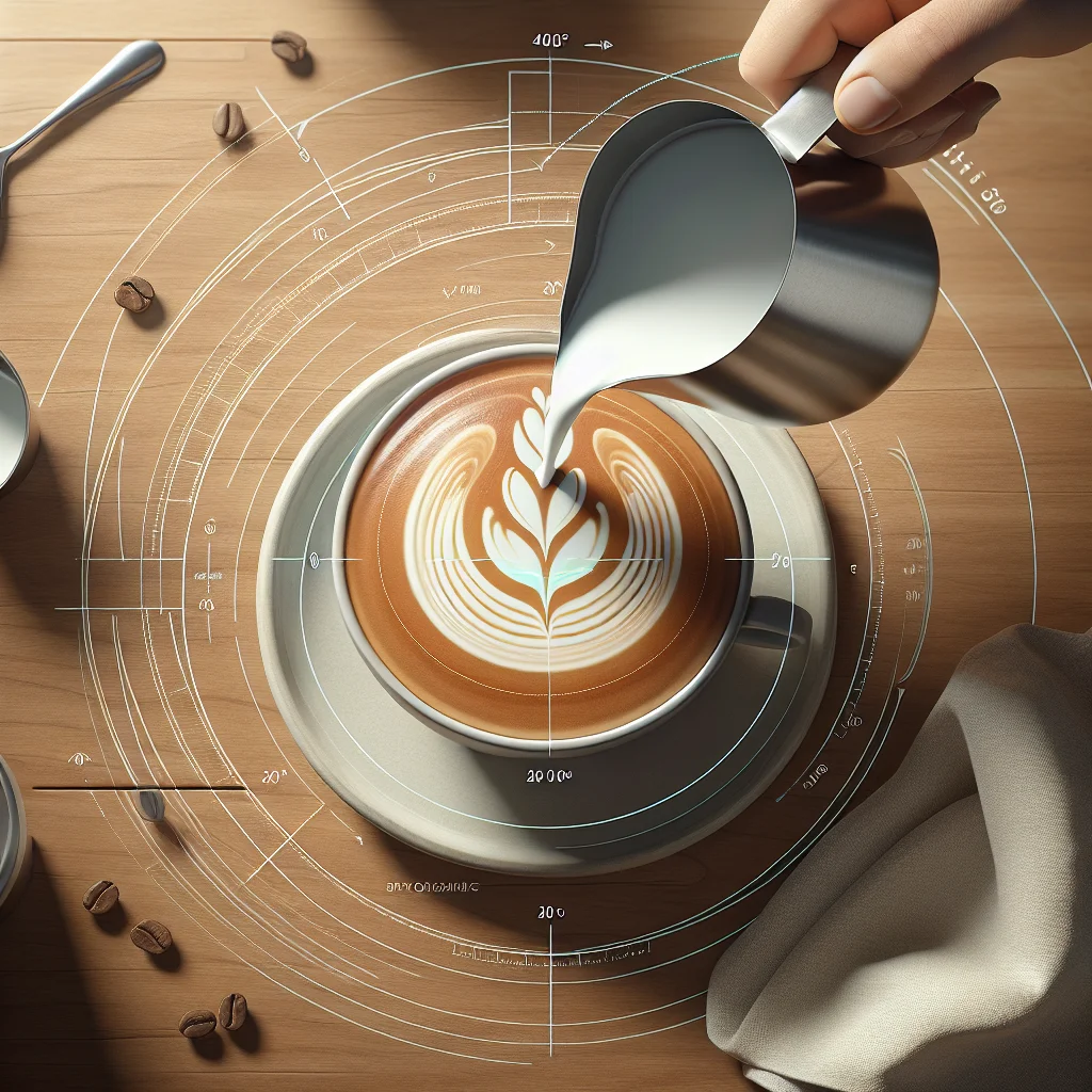 Overhead photo of a practice pour session — a pitcher mid-tilt over a latte cup, milk just beginning to surface, with an