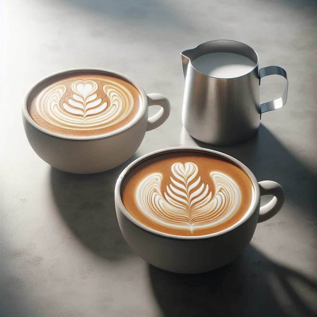 Side-by-side overhead view of the same rosetta poured into a wide shallow cup and a taller narrow cup, showing how canva