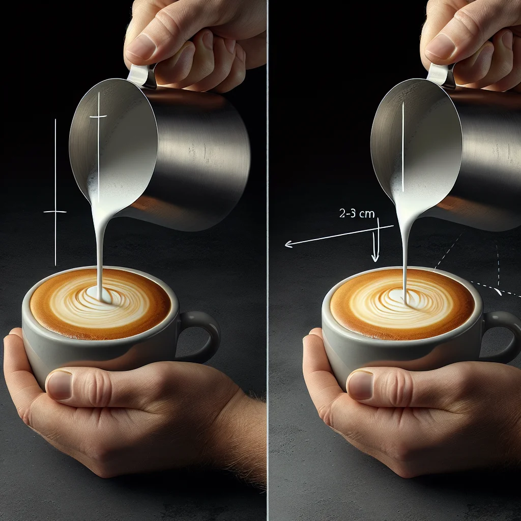 Side-by-side comparison showing a pitcher held at high elevation versus a pitcher with spout nearly touching the crema s