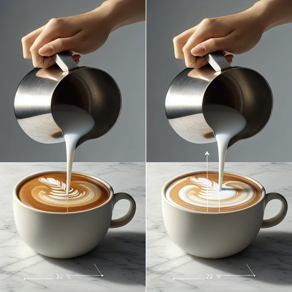 Side-by-side comparison showing cup tilt at 30 degrees during initial pour versus cup nearly level during pattern phase,