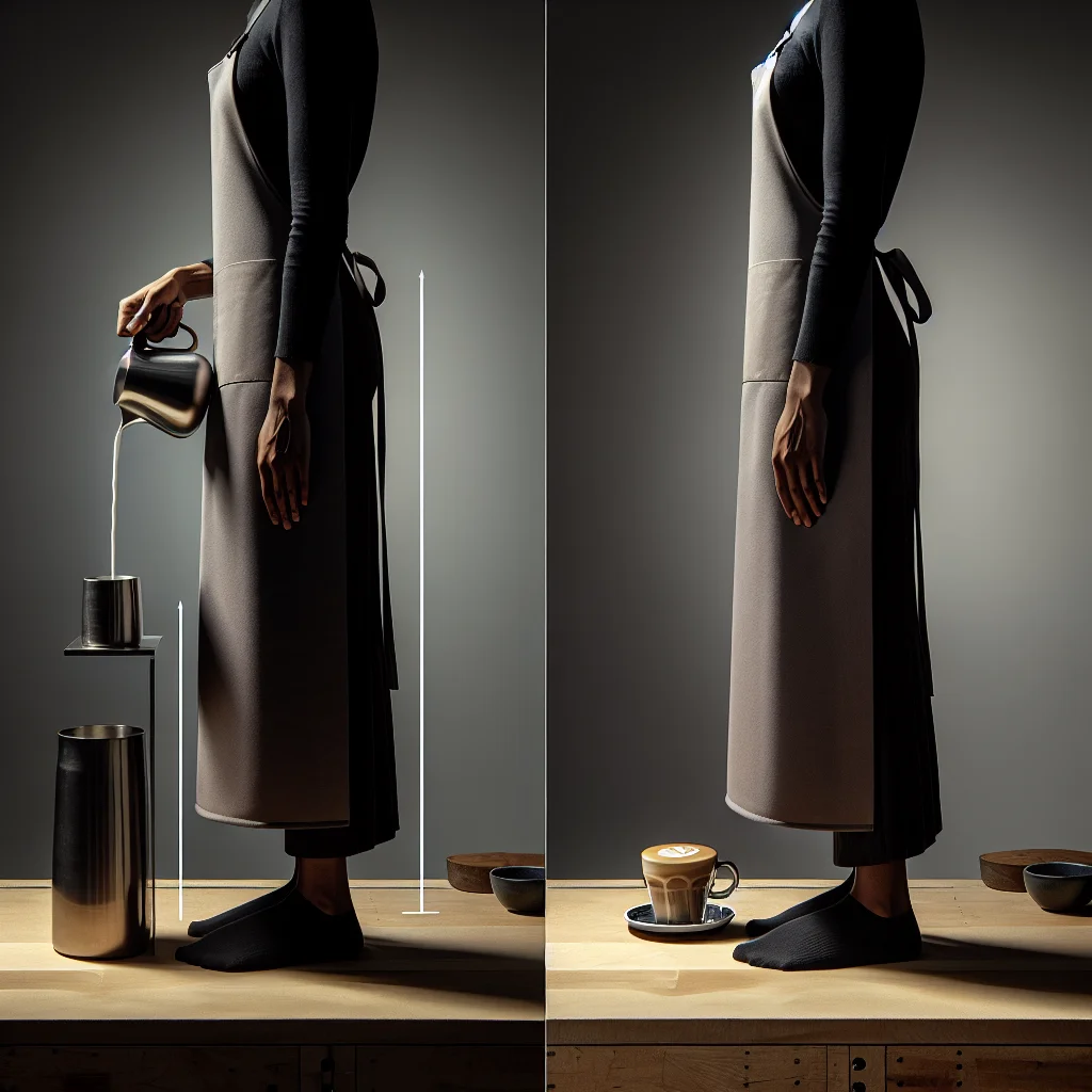 Side-view photo showing a barista's full stance — feet, hip alignment, and elbow position — while holding a pitcher over