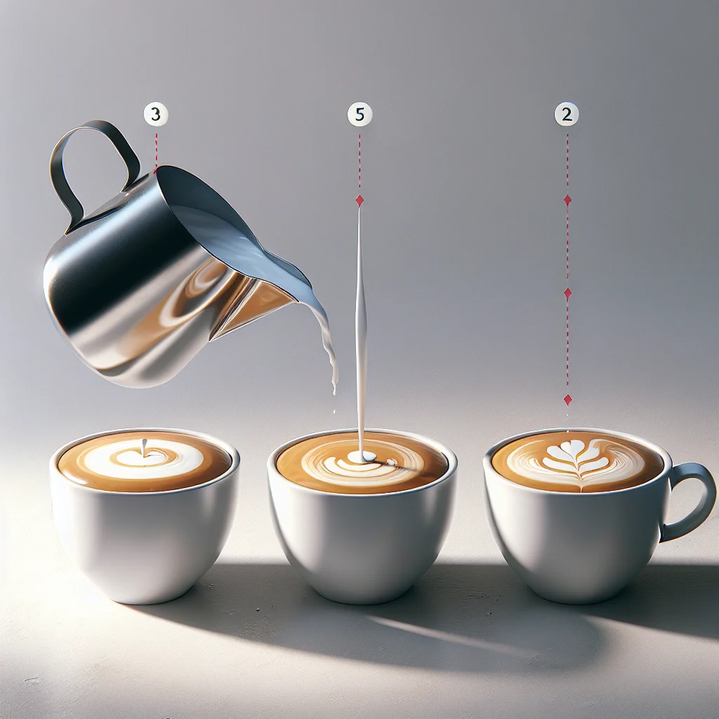 Side-by-side comparison showing a pitcher held at three different heights above the cup surface, with annotations markin