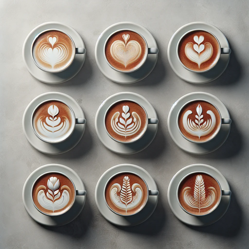 Overhead grid of six latte art patterns in identical white cups, arranged from simplest (heart) to most complex (winged