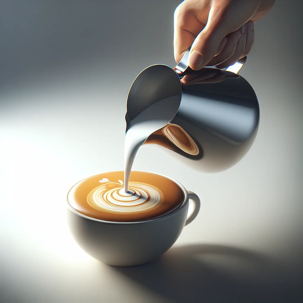 Side-view annotated diagram showing the cup at 20–25 degrees of tilt, with the pitcher spout 4–5 cm above the crema and 