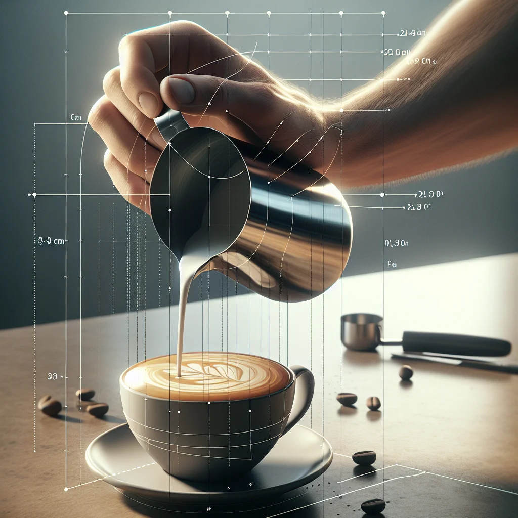 Side-view annotated photo showing pitcher height (~3–4 cm) and cup tilt angle (~20–25°) during the base-building phase,
